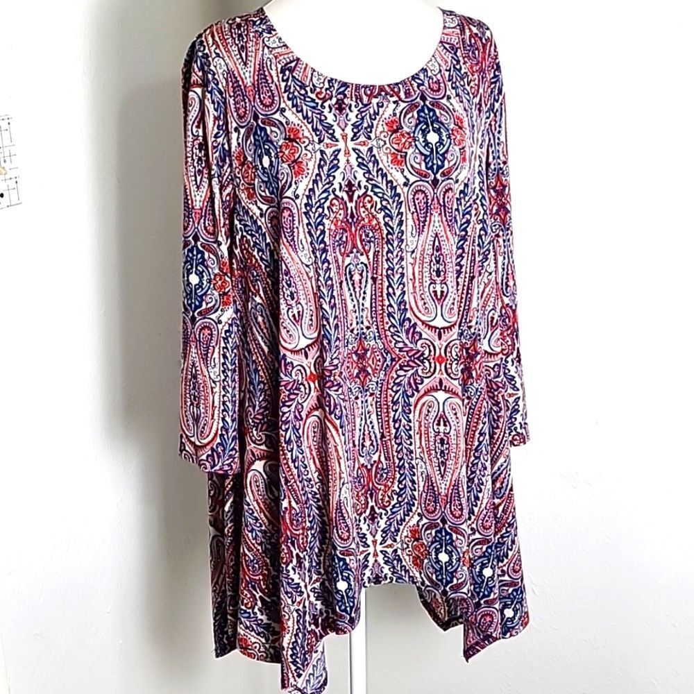 Honeyme Red, White & Blue Paisley Design Tunic, Longer on the Sides, Size 1X